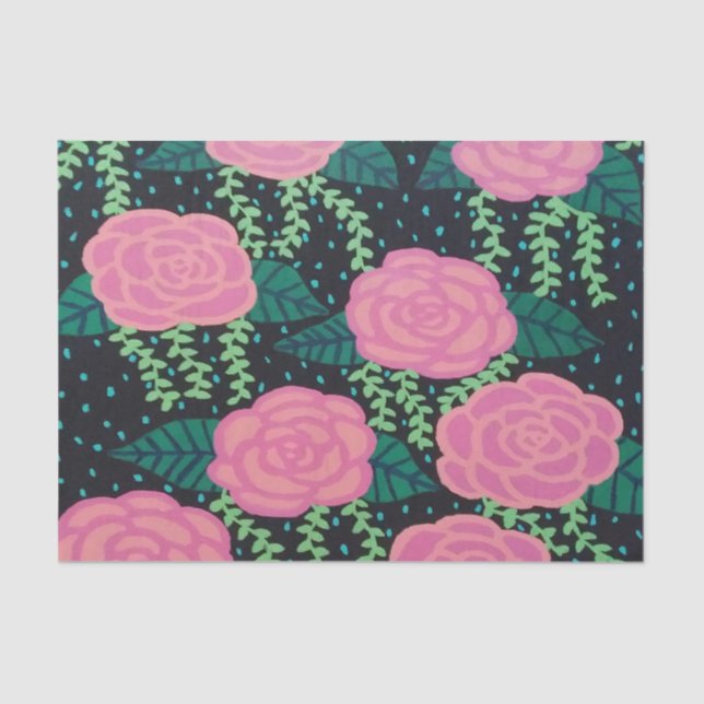 Pink Cabbage Roses on Black Tissue Paper (Front)