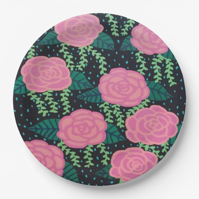 Pink Cabbage Roses  Paper Plates (Front)