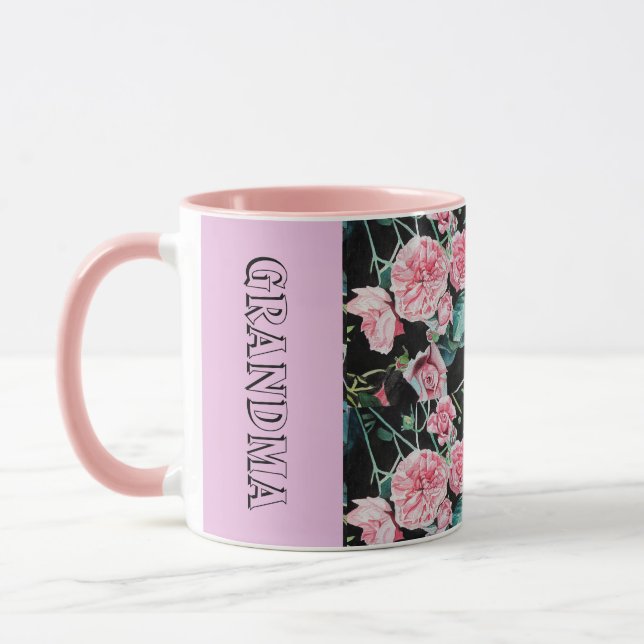 Pink Cabbage Roses Rose Grandma floral Mug (Left)