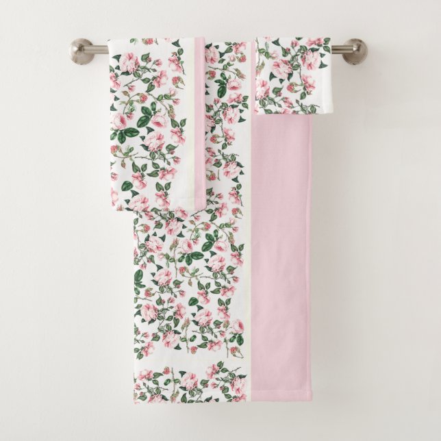 Pink Cabbage Roses Rosebud Flowers Bath Towel Set (Insitu)