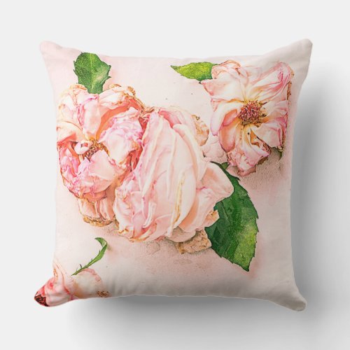 Pink Cabbage Roses Throw Pillow