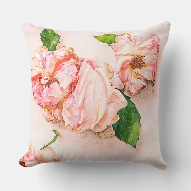 Pink Cabbage Roses Throw Pillow (Front)