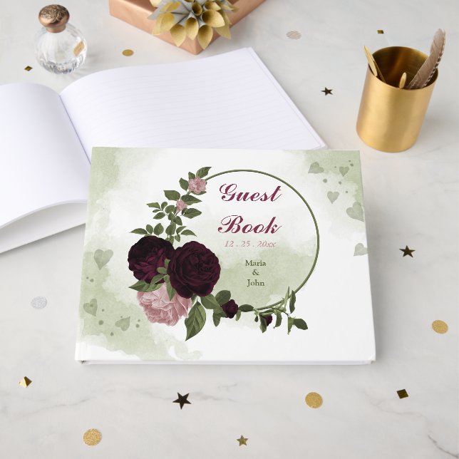 pink & cabernet flowers greenery guest book (Front Open)