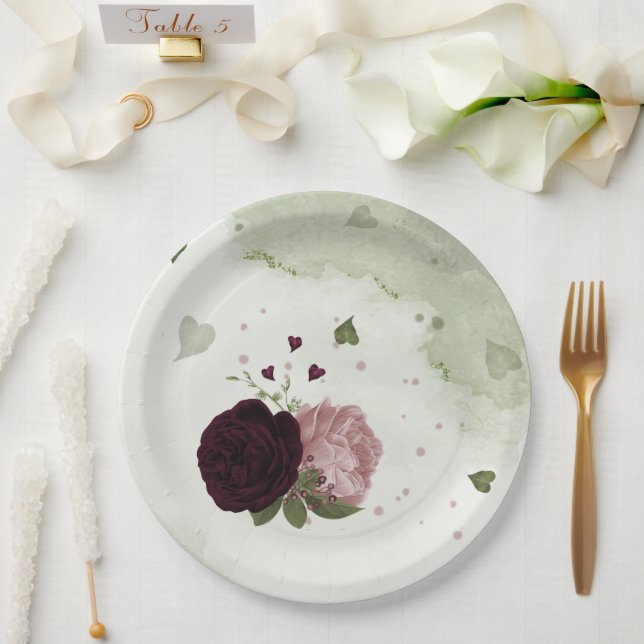 pink & cabernet flowers greenery paper plates (Wedding)
