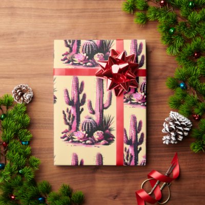 Pink Cacti Batch-Tan Background Wrapping Paper