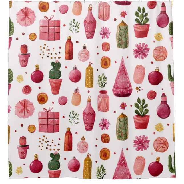 Pink Cactus Christmas Ornaments Pattern Shower Curtain (Front)