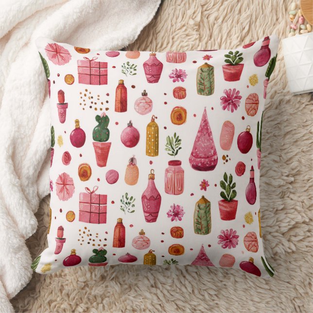 Pink Cactus Christmas Ornaments Pattern Throw Pillow (Blanket)