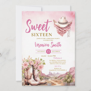 Pink Cactus Cowgirl Sweet Sixteen Boost Birthday Invitation