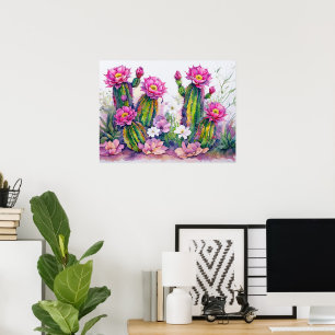 Pink Cactus Desert Flowers Art Poster - Arizona!