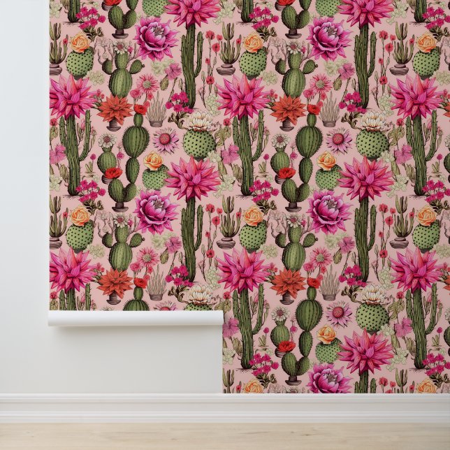 Pink Cactus Desert Southwest Peel and Stick Wallpaper (Application)