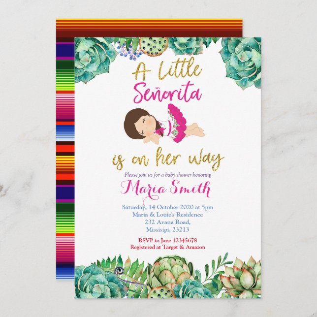 Pink Cactus Fiesta Baby Senorita Baby Shower Invitation (Front/Back)