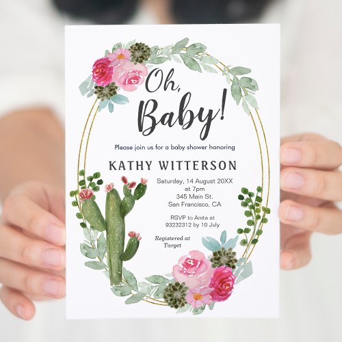 Pink Cactus Floral baby shower Invitation