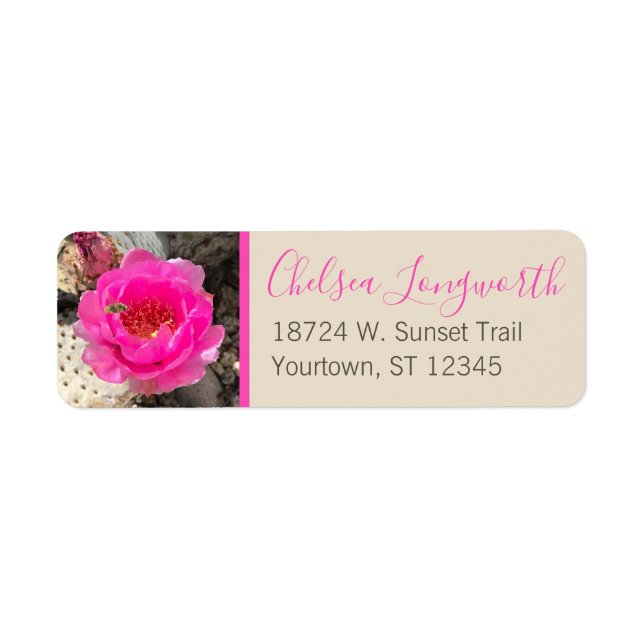 Pink Cactus Flower & Bee | Modern Script Label (Front)