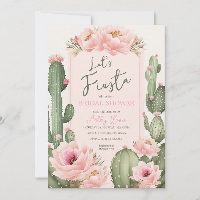 Pink Cactus flowers, Greenery Blush Desert Invitation (Front)