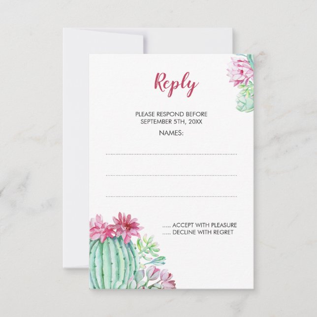 Pink Cactus Flowers Succulent Wedding Reply Cards (Front)