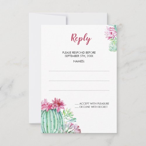 Pink Cactus Flowers Succulent Wedding Reply Cards