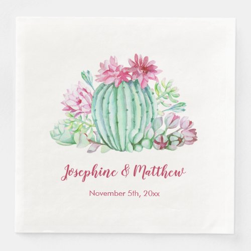 Pink Cactus Flowers Succulents Watercolor Wedding Paper Dinner Napkins