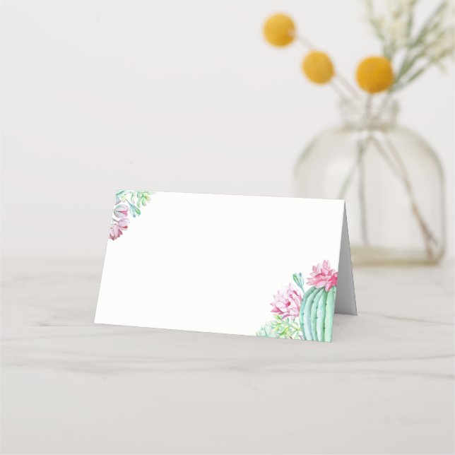 Pink Cactus Flowers Succulents Watercolor Wedding Place Card (Front)
