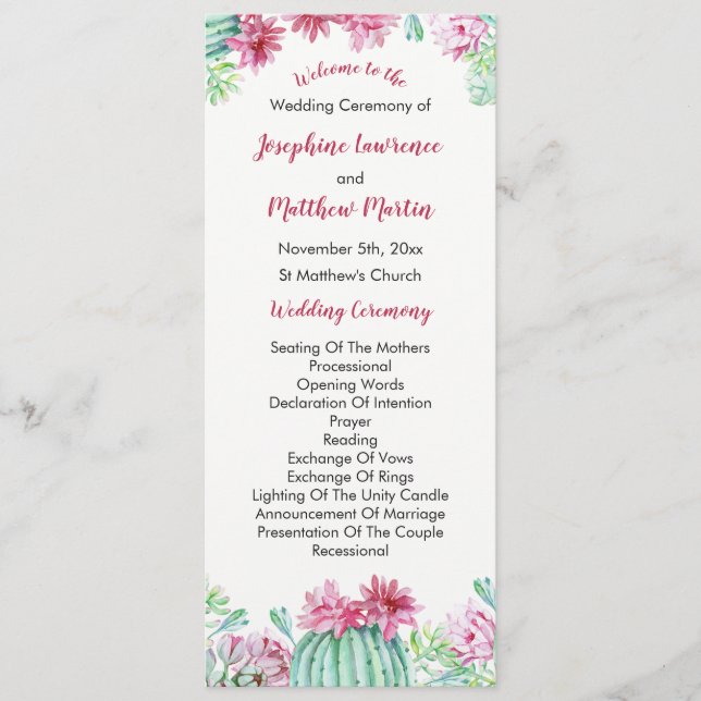Pink Cactus Flowers Succulents Wedding Program (Front)