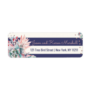 Pink Cactus Navy Stripes and Rose Gold Address Label