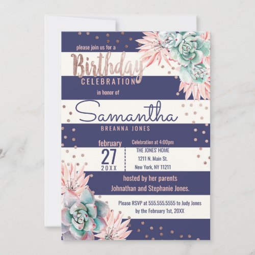 Pink Cactus Navy Stripes Rose Gold Birthday Party Invitation