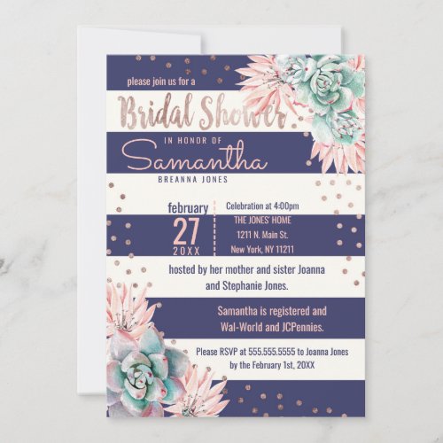 Pink Cactus Navy Stripes Rose Gold Bridal Shower Invitation