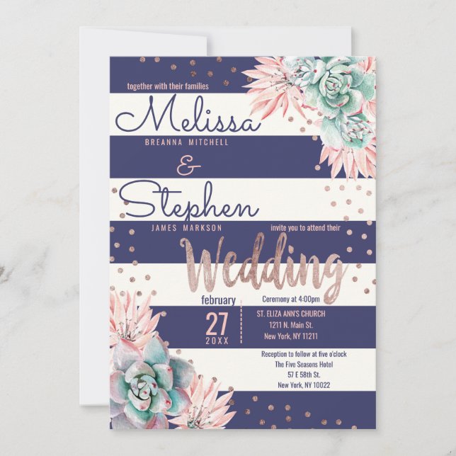 Pink Cactus Navy Stripes Rose Gold Dots Wedding Invitation (Front)