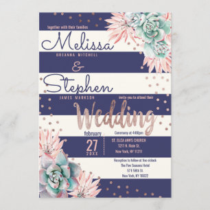 Pink Cactus Navy Stripes Rose Gold Dots Wedding Invitation