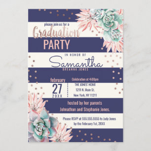 Pink Cactus Navy Stripes Rose Gold Graduation Invitation