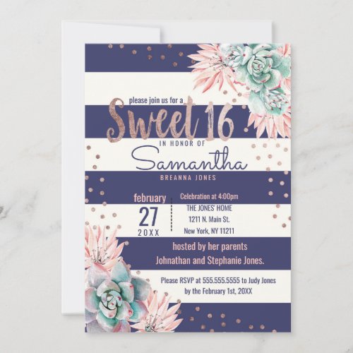 Pink Cactus Navy Stripes Rose Sweet 16 Invitations