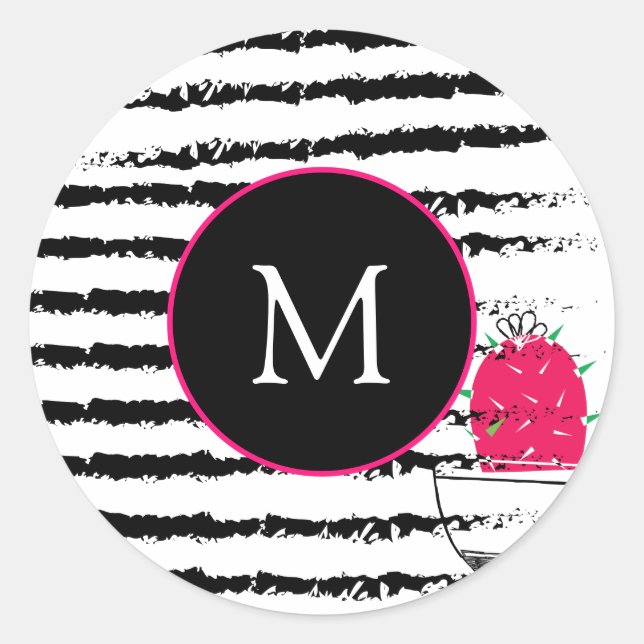Pink Cactus pattern Monogram Classic Round Sticker (Front)