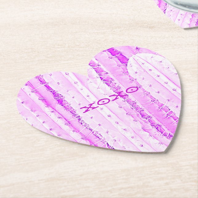 Pink Cactus Saguaro XOXO Heart Love Prickly Paper Coaster (Angled)