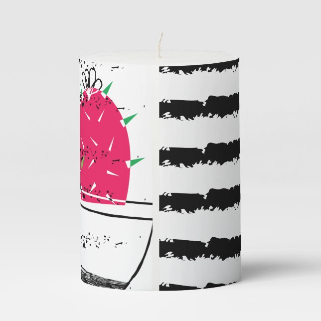 Pink Cactus striped pattern design Pillar Candle (Back)