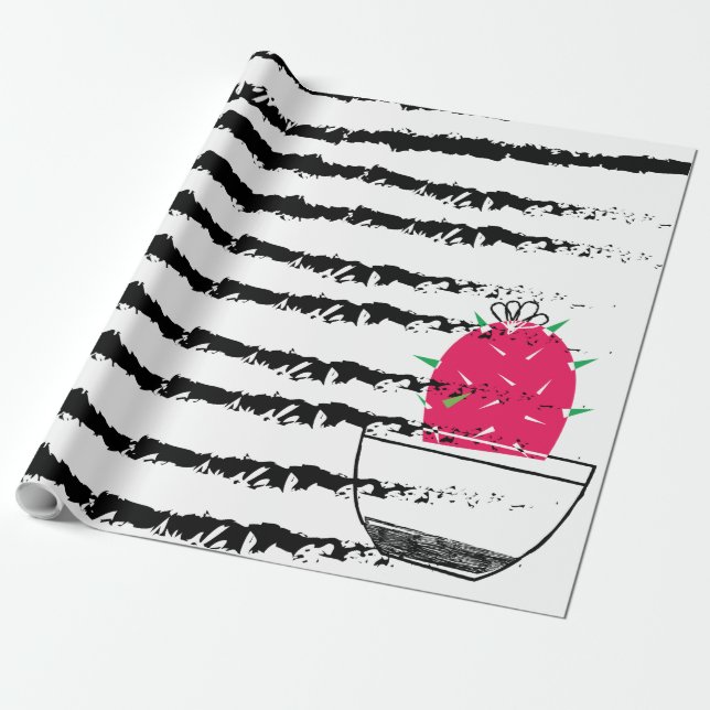 Pink Cactus striped pattern Wrapping Paper (Unrolled)