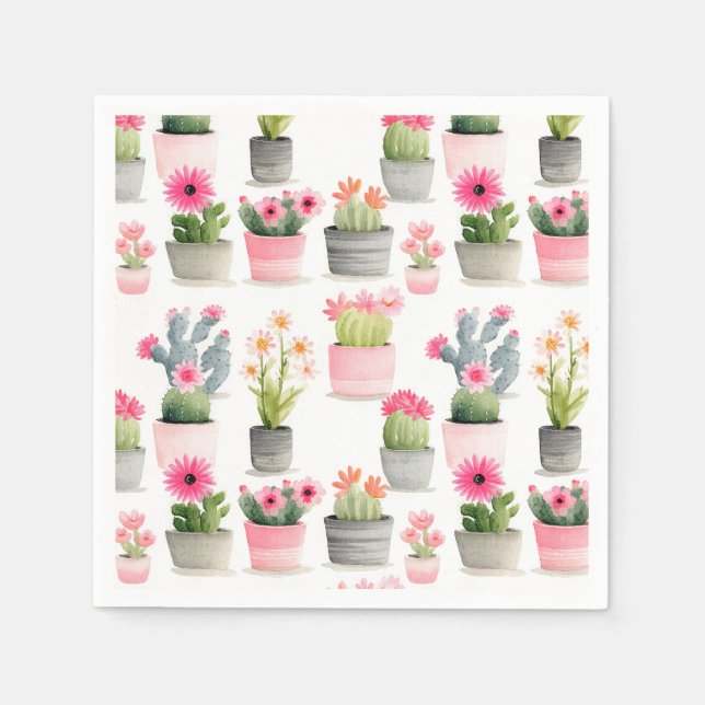 Pink Cactus Succulent Pattern Western Watercolor  Napkins (Front)