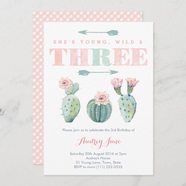 Pink Cactus Third Birthday Party Cards for Girl (Front/Back)