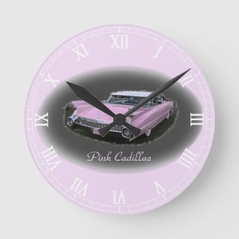 Pink Cadillac Flash Round Clock by Rosemariesw at Zazzle