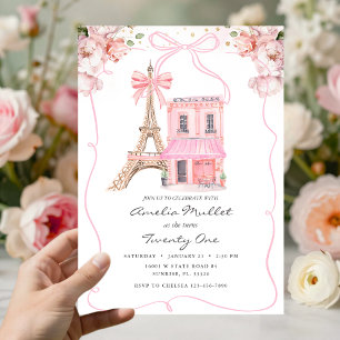 Pink Cafe Paris Bow Eiffel Tower Any Age Birthday Invitation