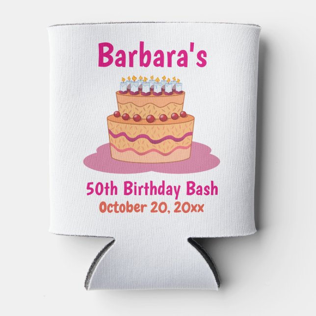 Pink Cake 50th Birthday Party Favor Can Cooler (Front)