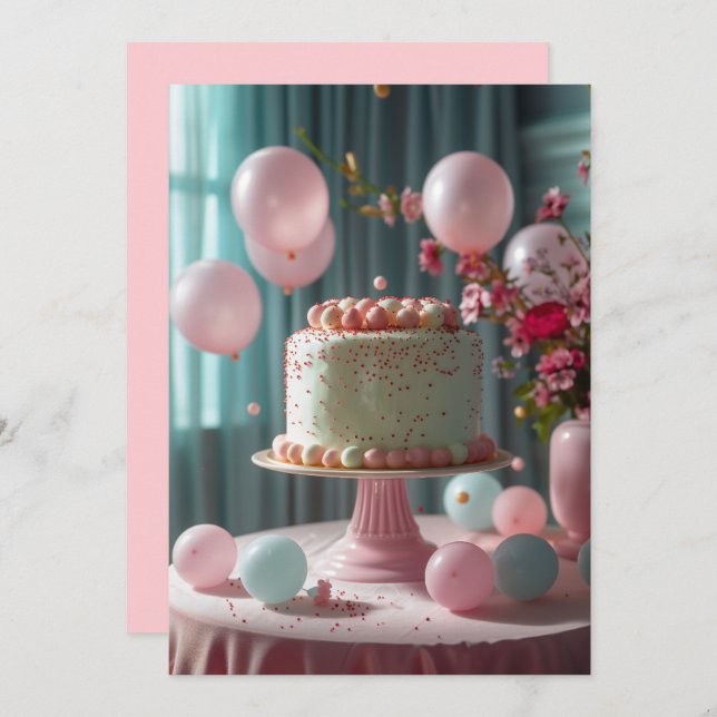 Pink Cake And Balloons Invitation (Front/Back)