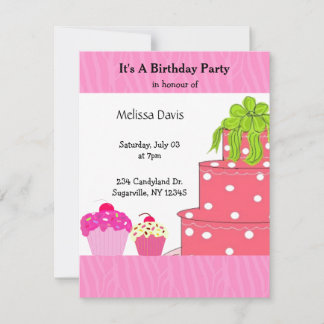 Pink Cake and Cupcakes Birthday Invitation