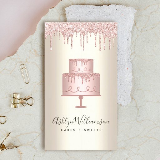 Customizable Pink Cake Bakery Glitter Drips Gold Chef Dessert Business Card