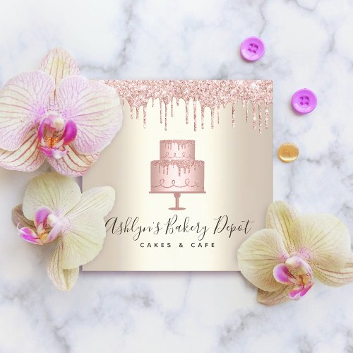 Pink Cake Bakery Gold Glitter Drips Dessert Gold Square Business Card