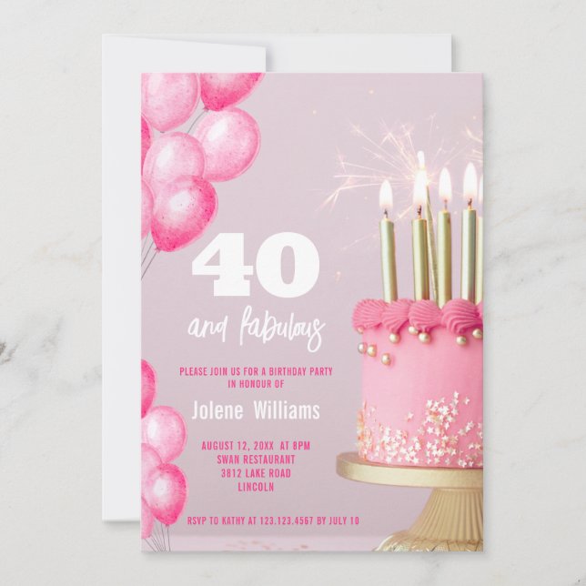 Pink cake balloons modern 40th birthday  invitation (Front)