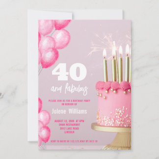 Pink cake balloons modern 40th birthday  invitation