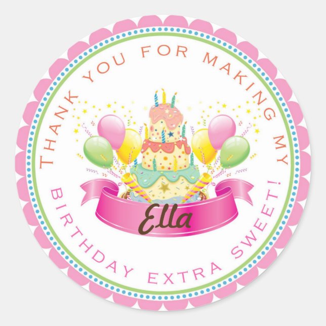 Pink Cake Birthday Party favor stickers (Front)