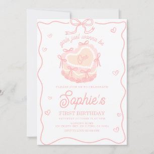 Pink Cake Bow Girls Just Wanna Be One Birthday Invitation