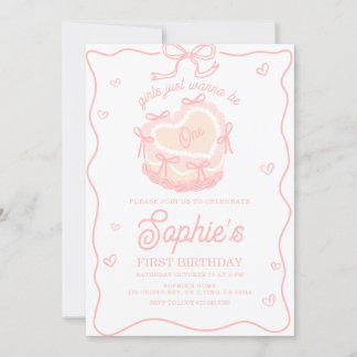 Pink Cake Bow Girls Just Wanna Be One Birthday Invitation