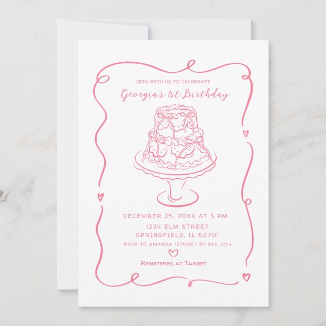 Pink Cake Conquette Bow Girl's 1st Birthday Invitation (Front)