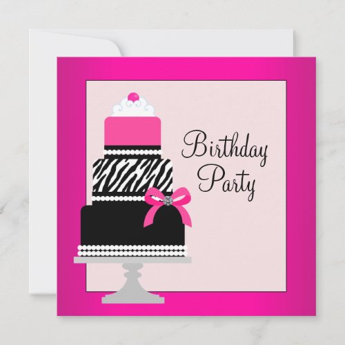 Pink Zebra Cake Cupcake Birthday Party Invitations